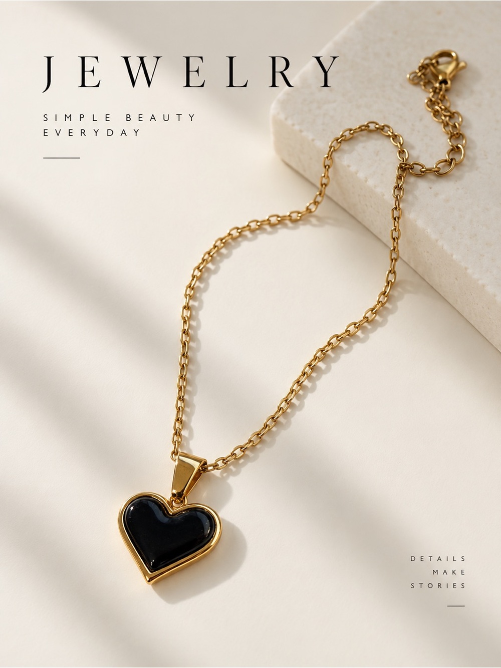 Gold Plated Heart Pendant Necklace with Black Inlay 18 inches